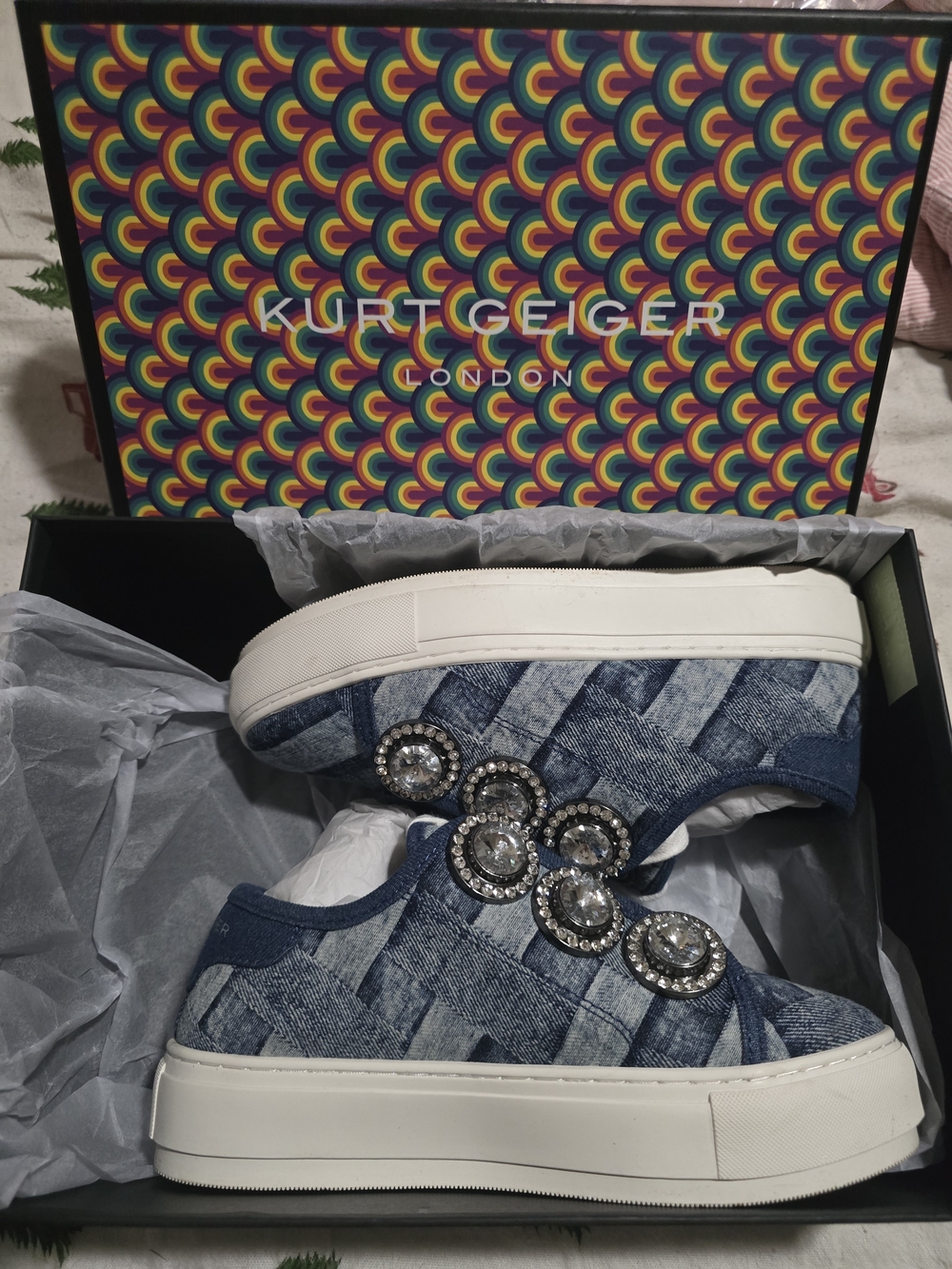 Kurt Geiger Denim Slip-On Sneakers with Crystal Rosettes